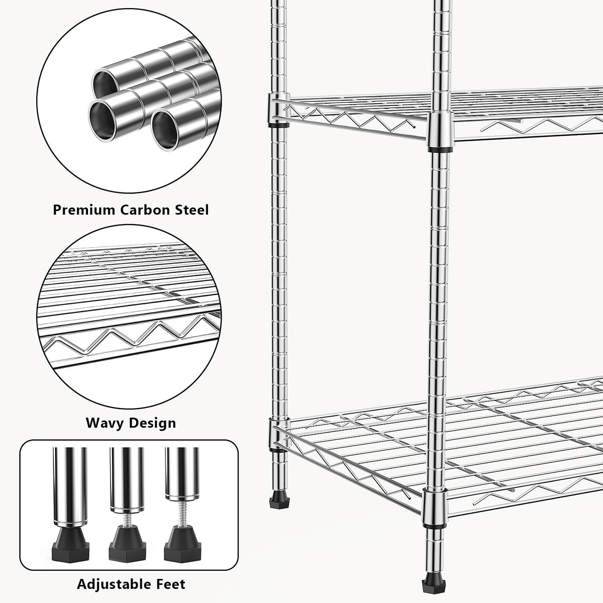 M MZG adjustable-height shelf system configured for varied items
