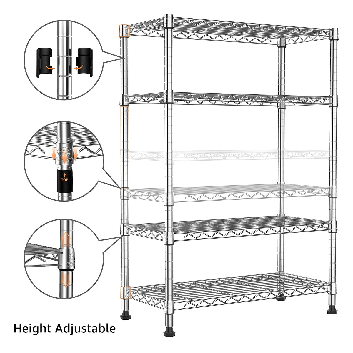 MMZG adjustable shelves configuration supports tall and bulky items.