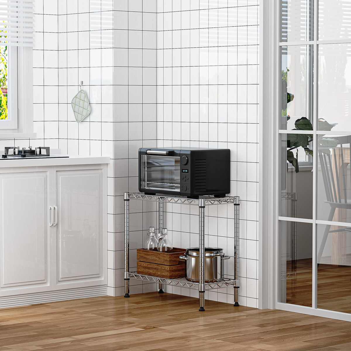 M MZG chrome bathroom storage shelf keeping towels and toiletries accessible.