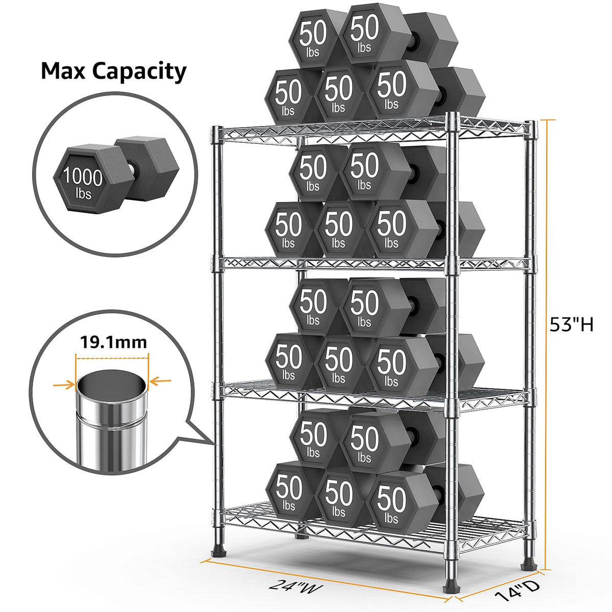 MMZG four-tier steel wire rack with chrome finish for garage organization.