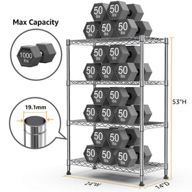 MMZG four-tier steel wire rack with chrome finish for garage organization.
