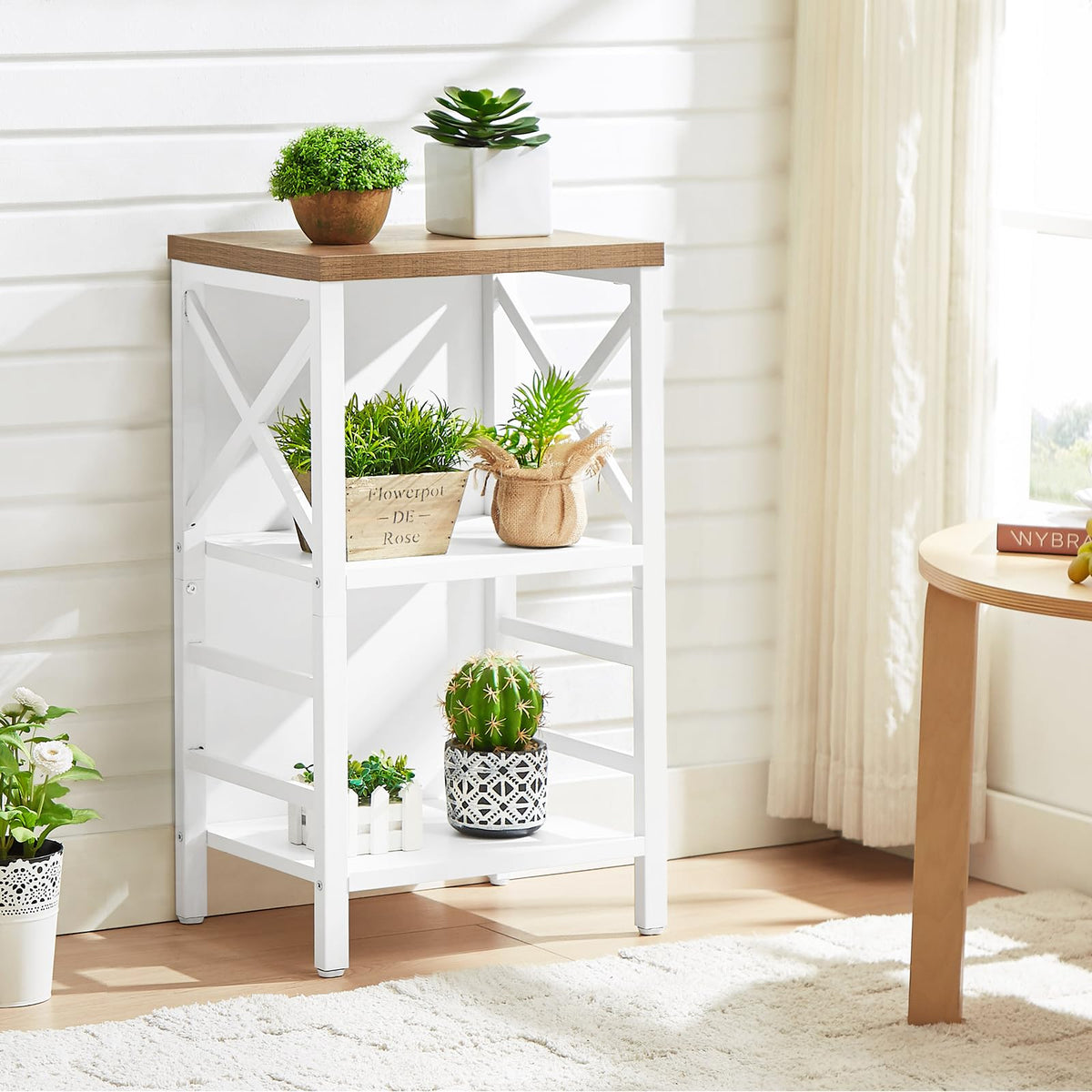 MNEETRUNG three-tier bookcase side view shows durable construction for long-term use.