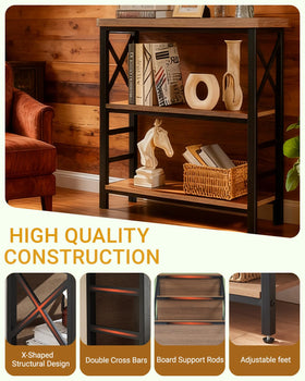 MNEETRUNG brown 3-tier shelf backboard detail illustrates item containment.
