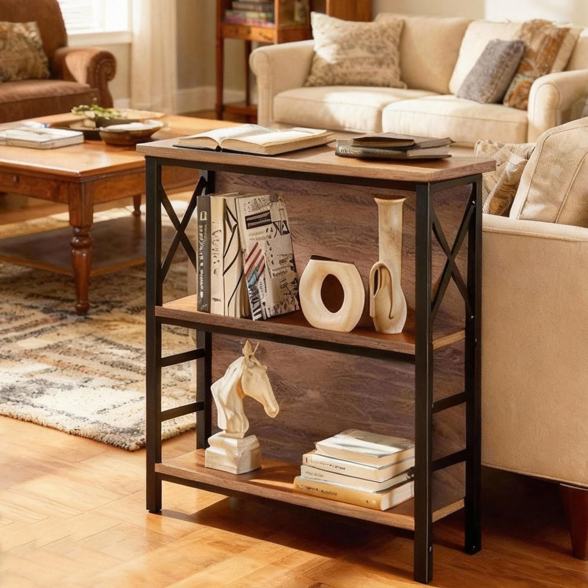 MNEETRUNG brown 3-tier shelf close-up of metal frame shows durable construction.
