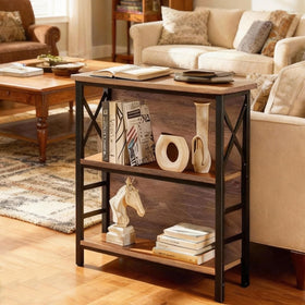 MNEETRUNG brown 3-tier shelf close-up of metal frame shows durable construction.