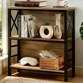 MNEETRUNG brown 3-tier shelf front view emphasizes sturdy frame for compact spaces.
