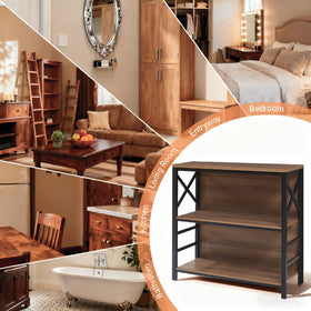 MNEETRUNG brown 3-tier shelf in living room demonstrates space-saving organization.