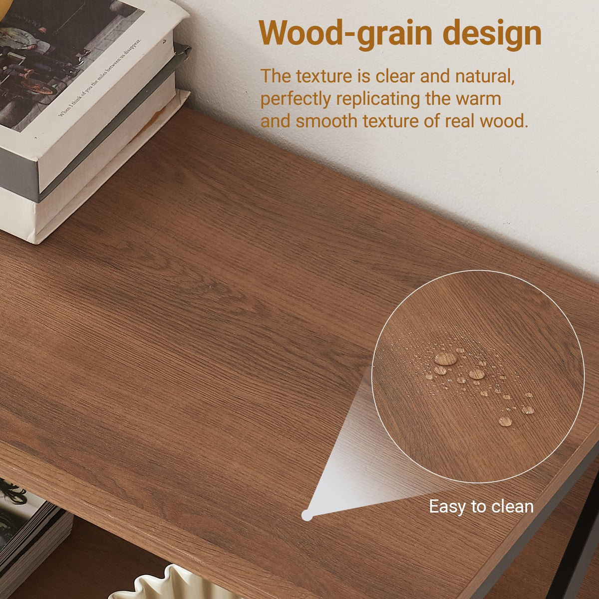 MNEETRUNG brown 3-tier shelf in an office setup showcases versatile storage.