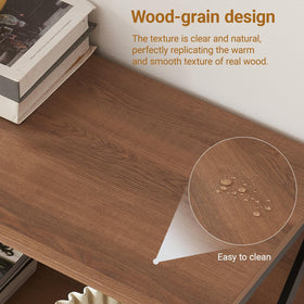MNEETRUNG brown 3-tier shelf in an office setup showcases versatile storage.