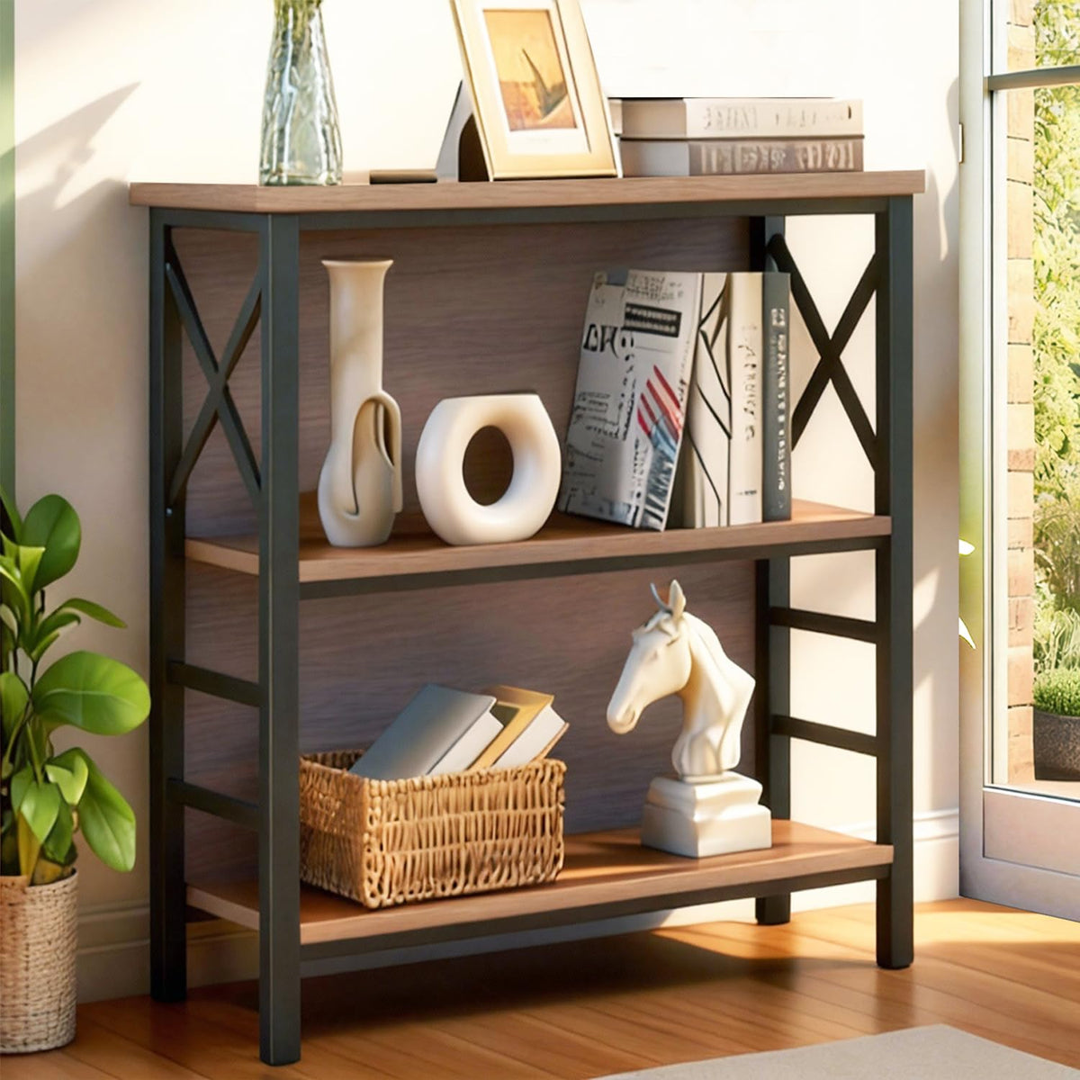 MNEETRUNG brown 3-tier shelf side view highlights stable industrial design.