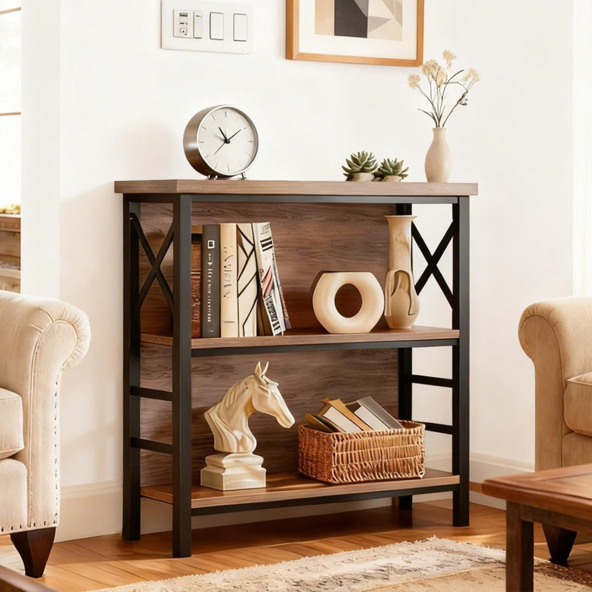 MNEETRUNG brown 3-tier shelf with books demonstrates generous open storage.