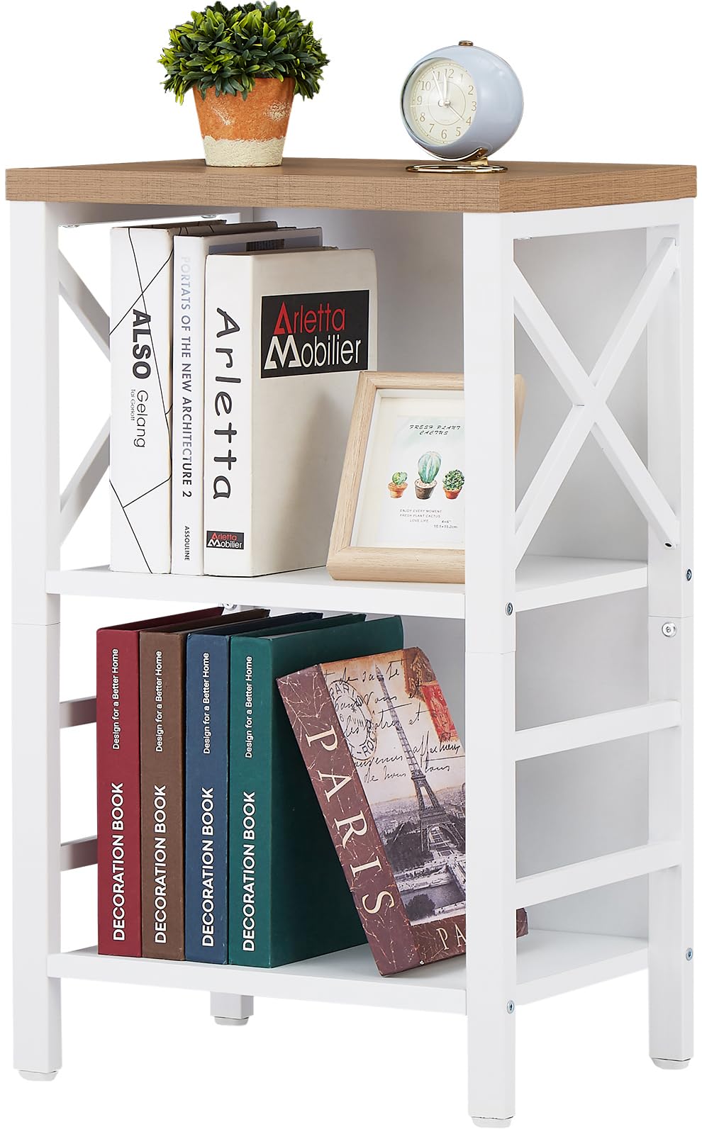 MNEETRUNG small bookshelf with 3-tier metal frame and backboard for tidy display.