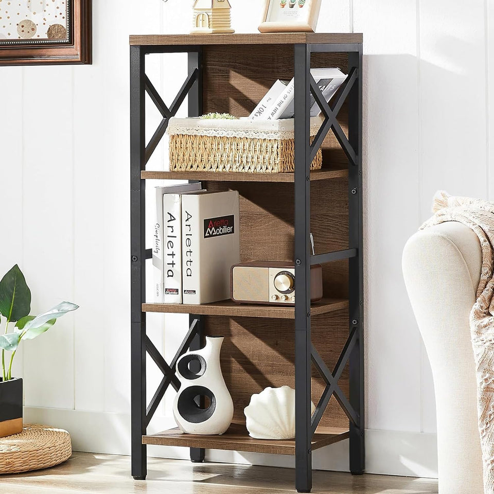 MNEETRUNG small bookshelf with 4-tier metal frame and backboard secures items.