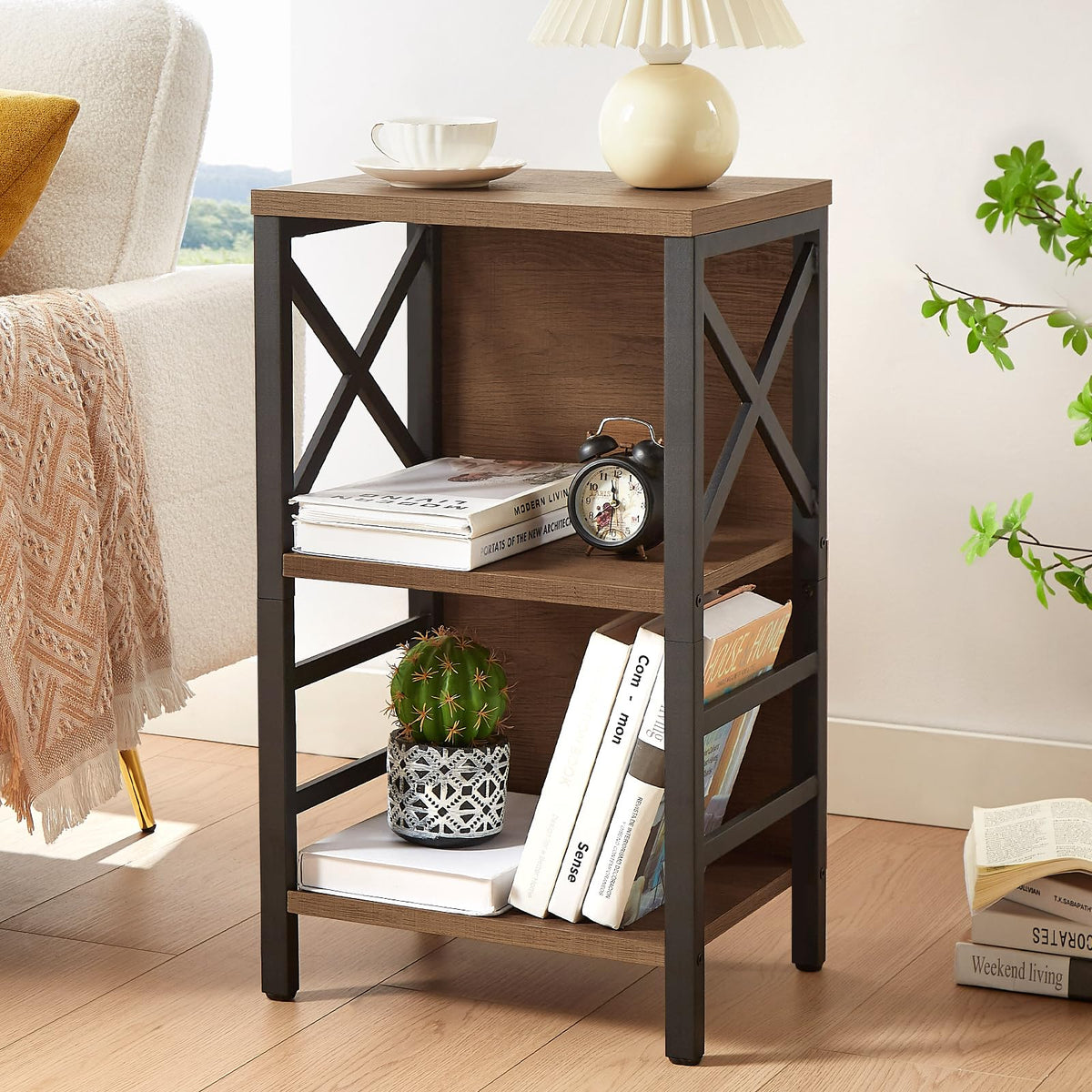 Industrial bookcase with metal frame and backboard keeps items secure