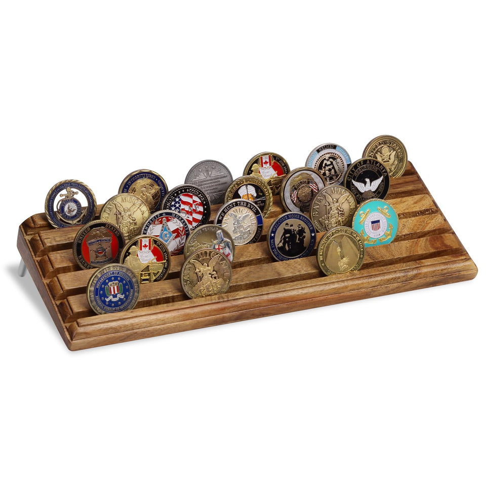 MOCAS Challenge Coin Display Holder in acacia wood showcases 40 coins with elegant grain.