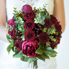 Mocoosy burgundy foam rose with 8-inch stem for DIY arrangements.
