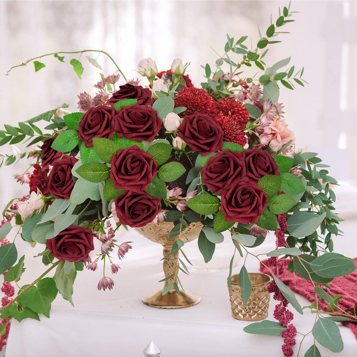 Mocoosy burgundy roses leaves detached for flexible styling.