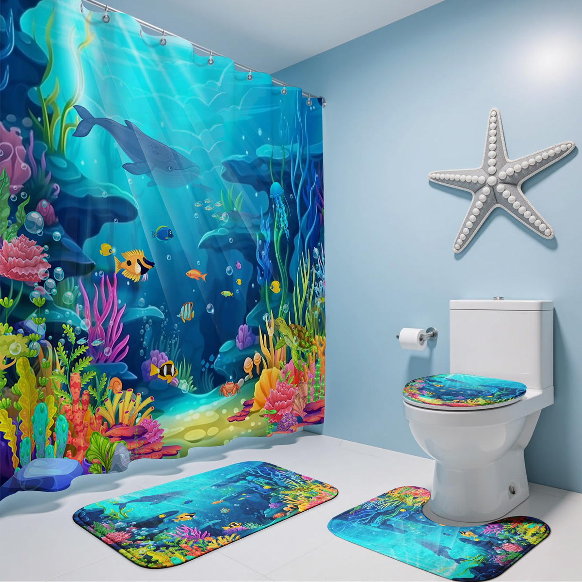 Mocsicka kids bathroom scene displaying complete ocean decor.