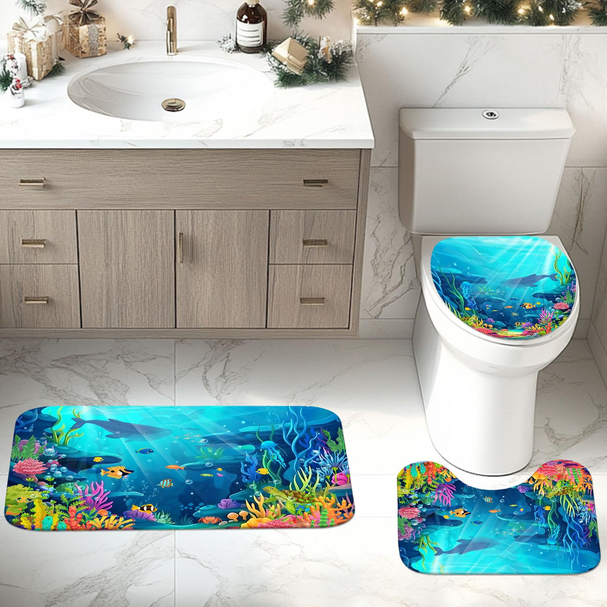 Mocsicka ocean creatures pattern close-up with bright colors.