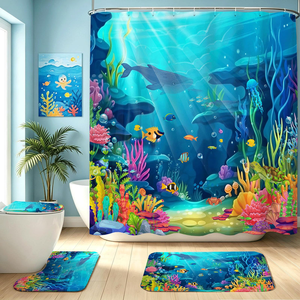 Mocsicka ocean shower curtain set with vibrant sea life design for kids.