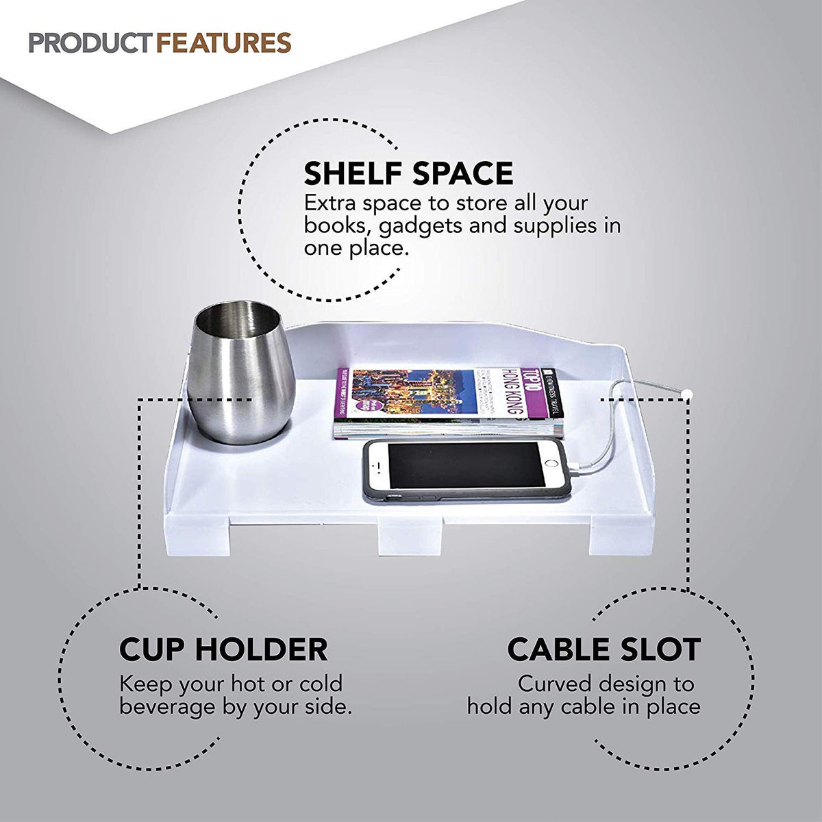 Modern Innovations bedside shelf with cord and cup holder for safe charging and drinks.