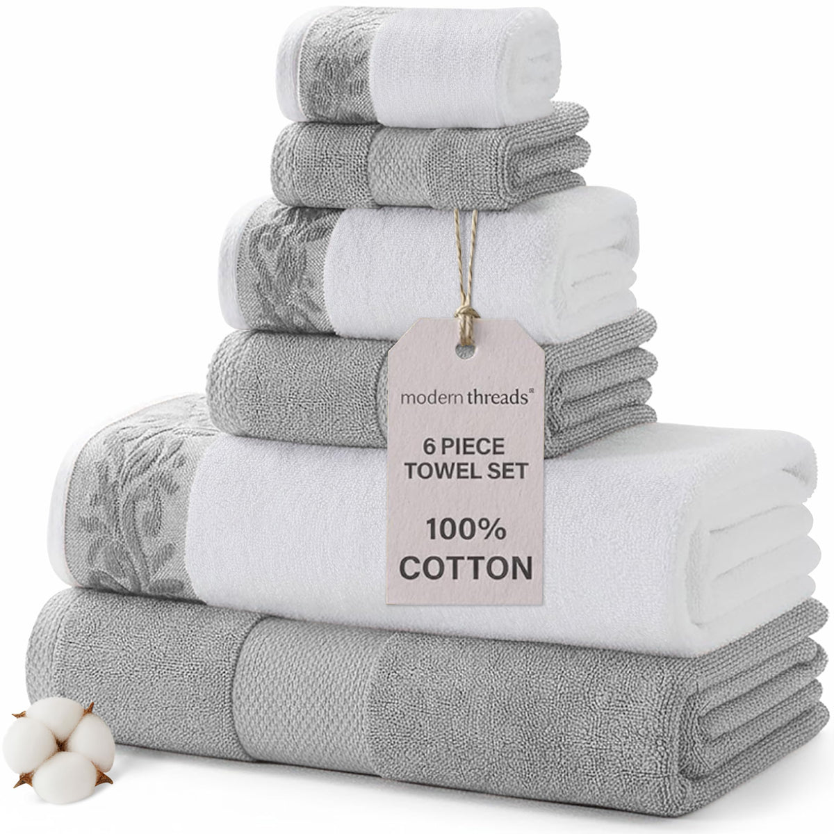 Modern Threads bath towel with filigree border—ultra plush and highly absorbent.
