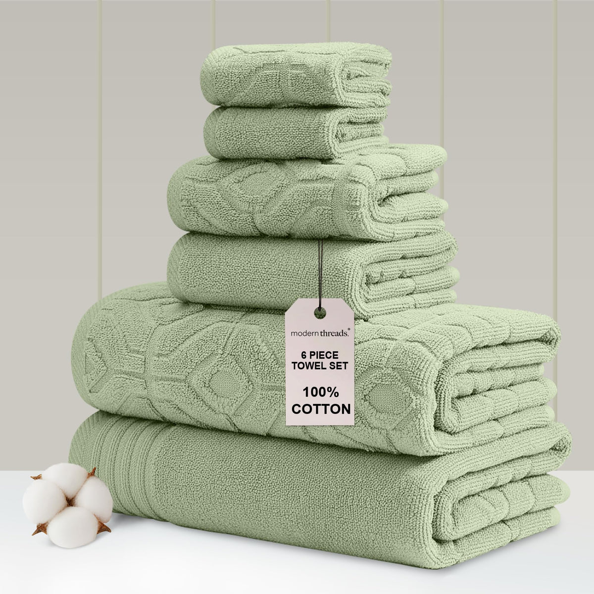 Modern Threads 6pc bath towel set, geometric soft olive pattern, elegant bathroom decor.