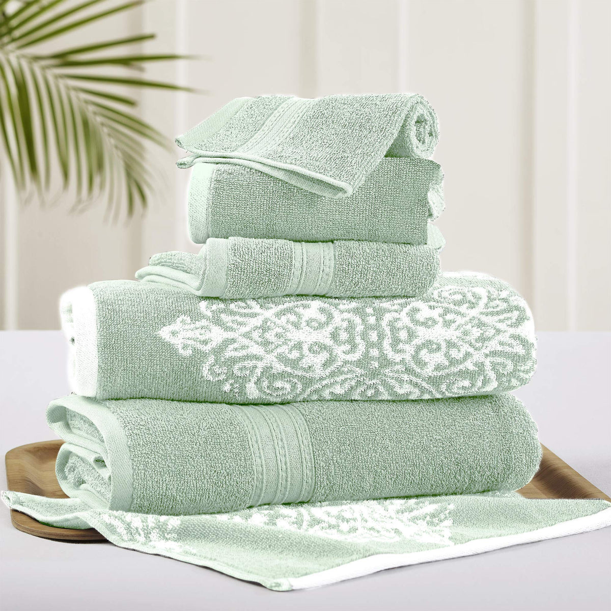 Modern Threads Artesia Damask Sage bath towel, plush and highly absorbent.