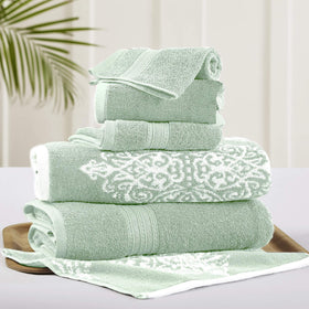 Modern Threads Artesia Damask Sage bath towel, plush and highly absorbent.