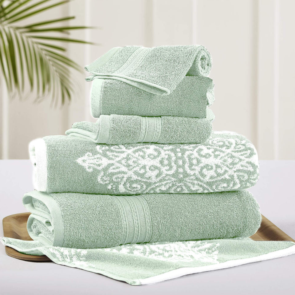 Modern Threads Artesia Damask Sage bath towel, plush and highly absorbent.