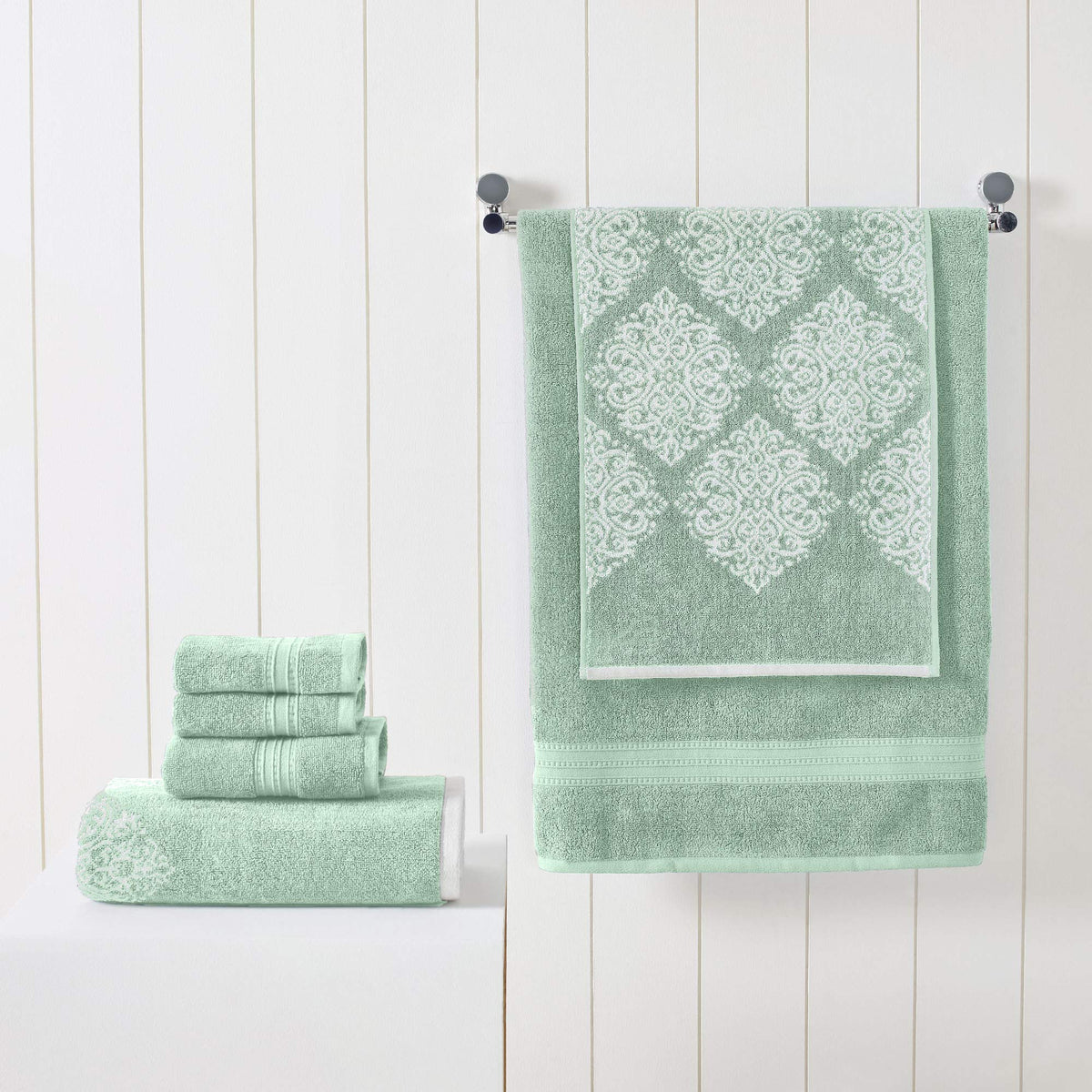Modern Threads Artesia Damask Sage hand towel with luxurious soft weave.