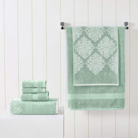 Modern Threads Artesia Damask Sage hand towel with luxurious soft weave.