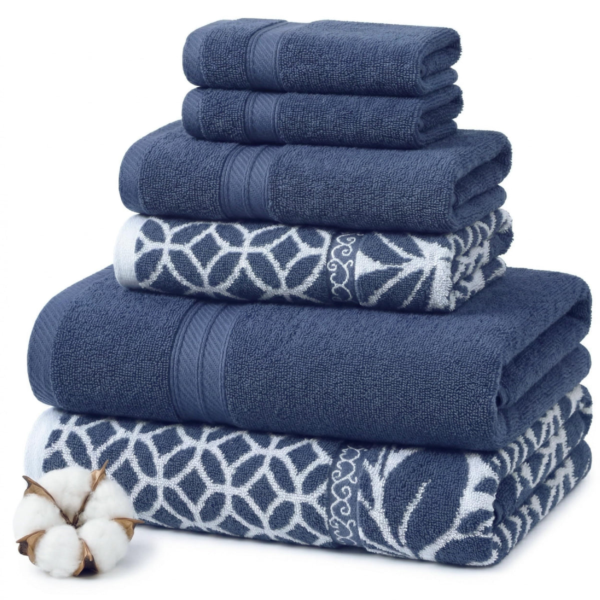 Modern Threads Botanical Vine towels show subtle navy hues with a reversible jacquard pattern for timeless bathroom style.