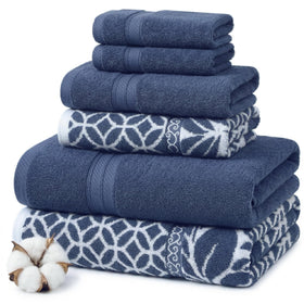 Modern Threads Botanical Vine towels show subtle navy hues with a reversible jacquard pattern for timeless bathroom style.