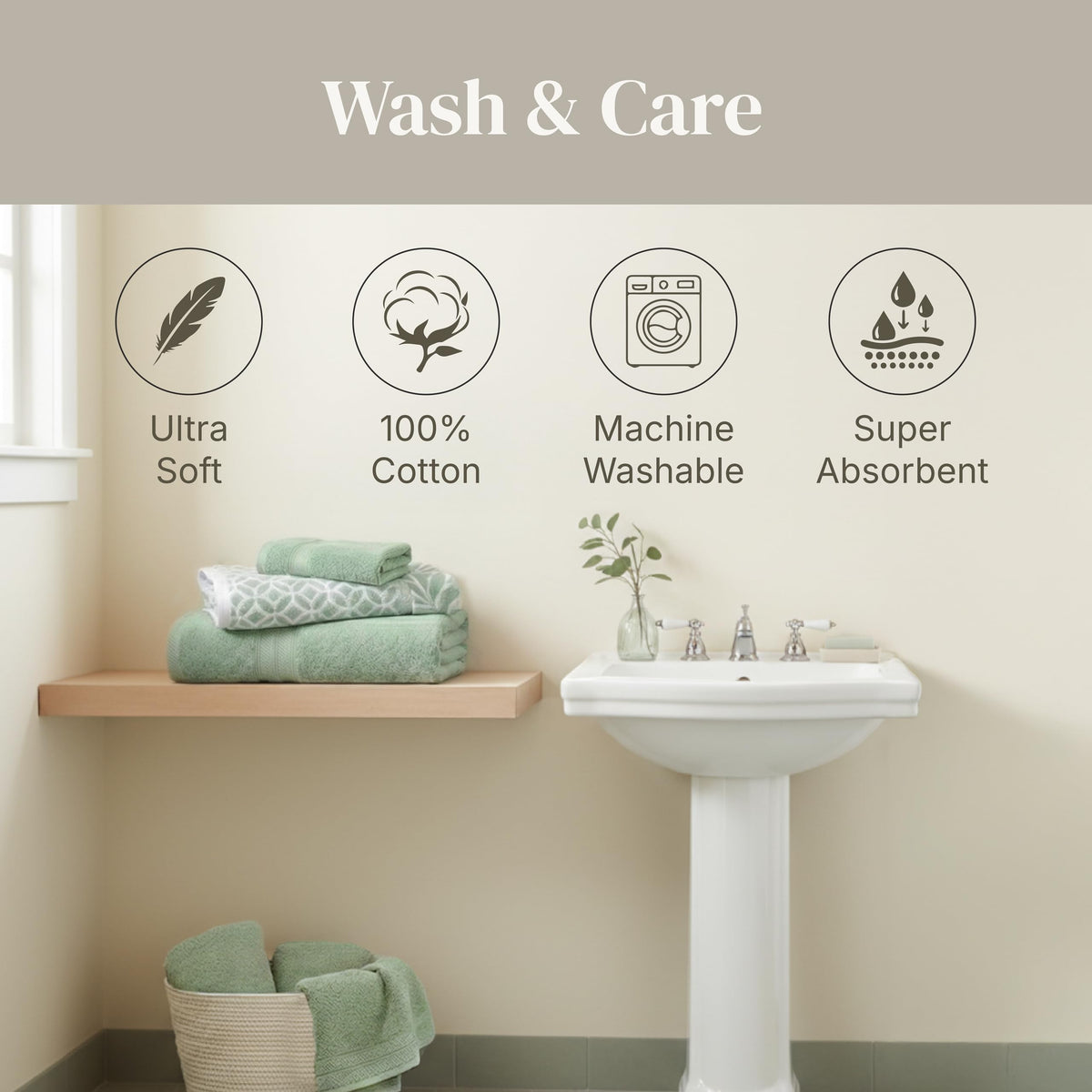 Modern Threads Botanical Vine towels shown in a spa-like bathroom setup.