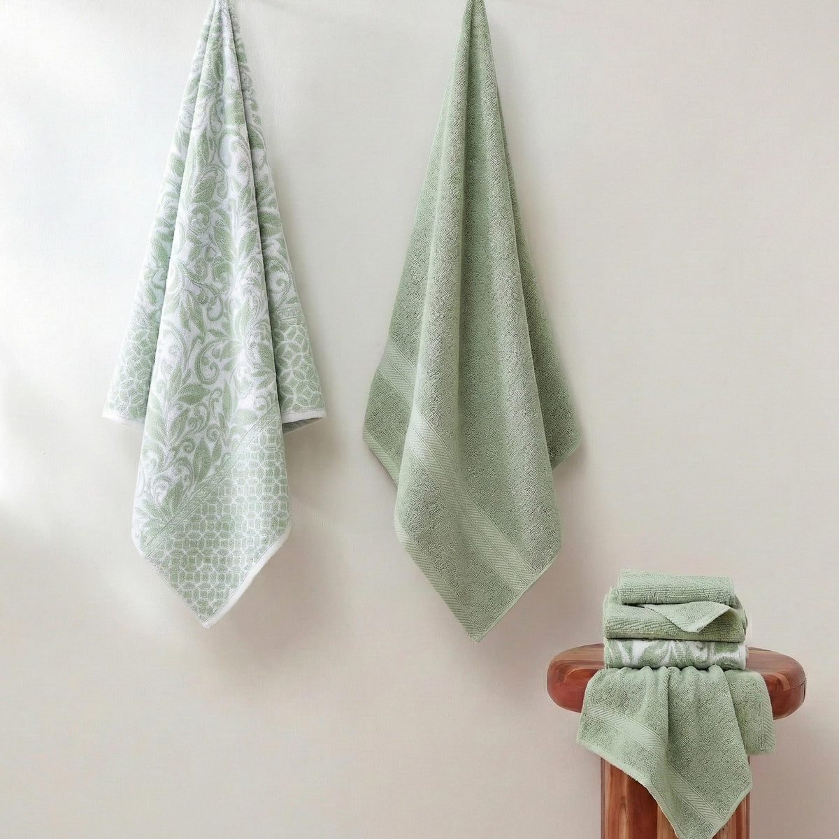 Modern Threads Botanical Vine hand towel in sage green, soft daily-use essential.