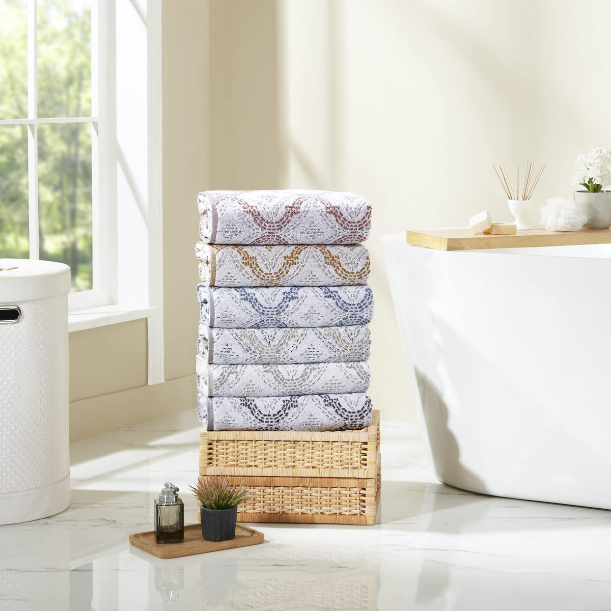 Modern Threads Capri jacquard detail elevates bathroom decor with luxurious texture.