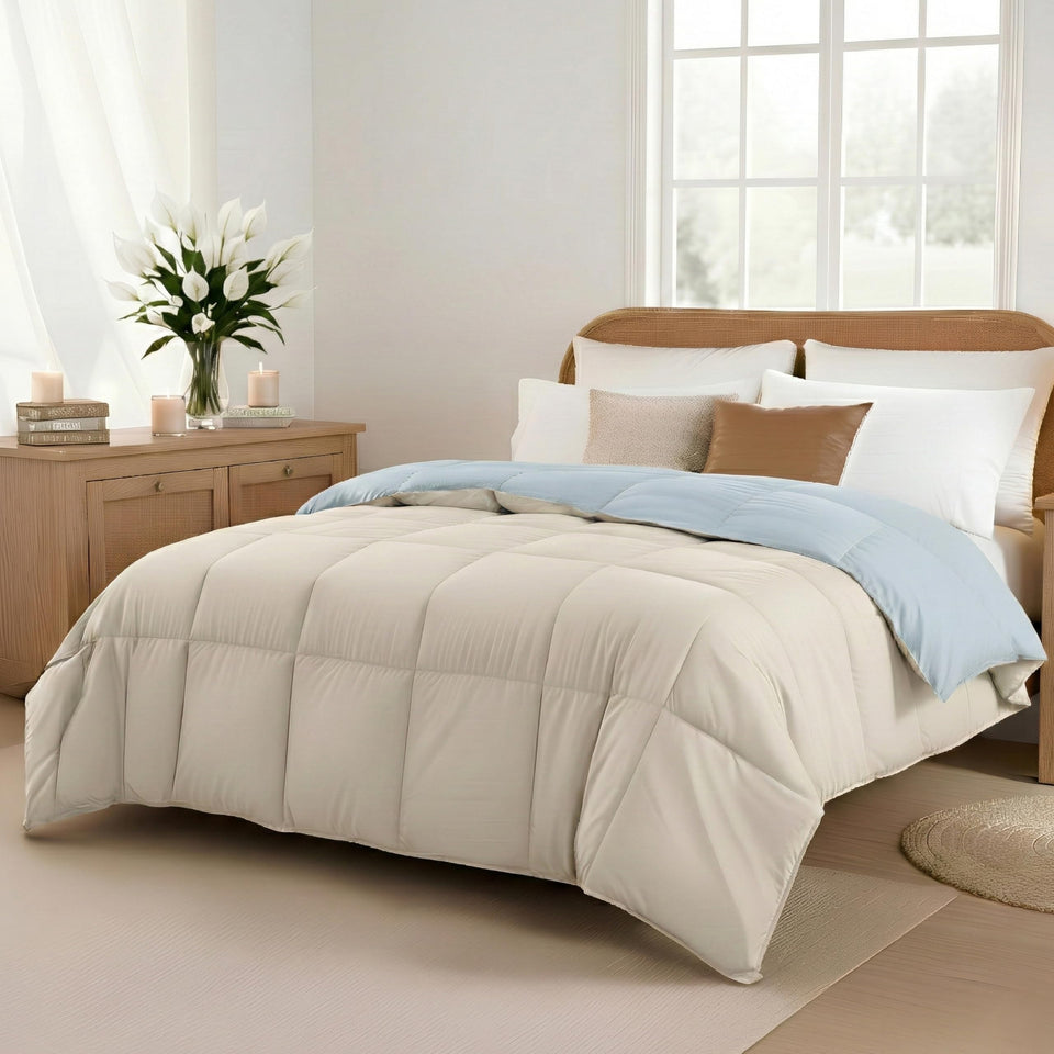 Modern Threads down-alternative reversible comforter on a twin bed in beige and blue for year-round warmth