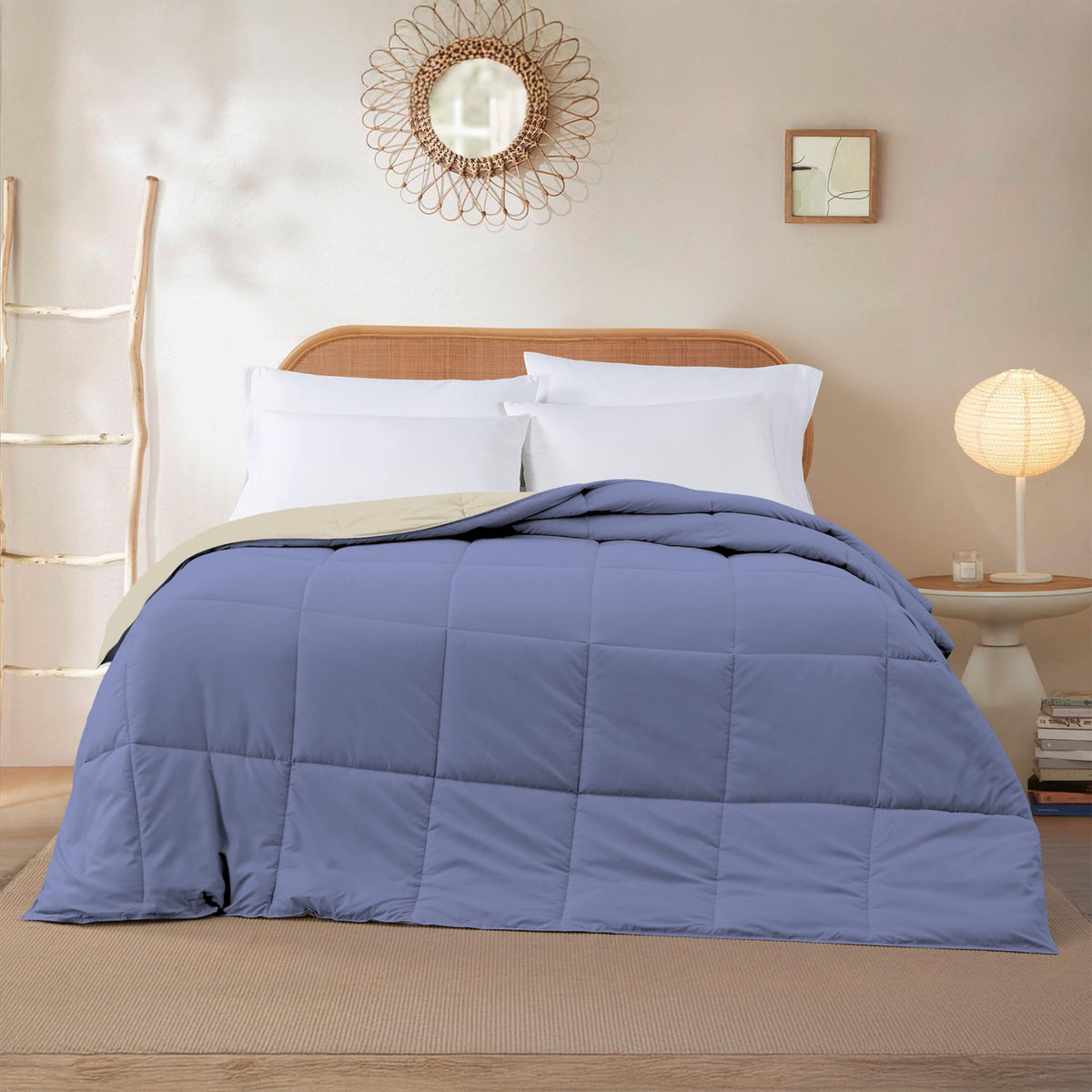 Modern Threads comforter with reversible blue-and-cream colors showing box-stitch and corner tabs