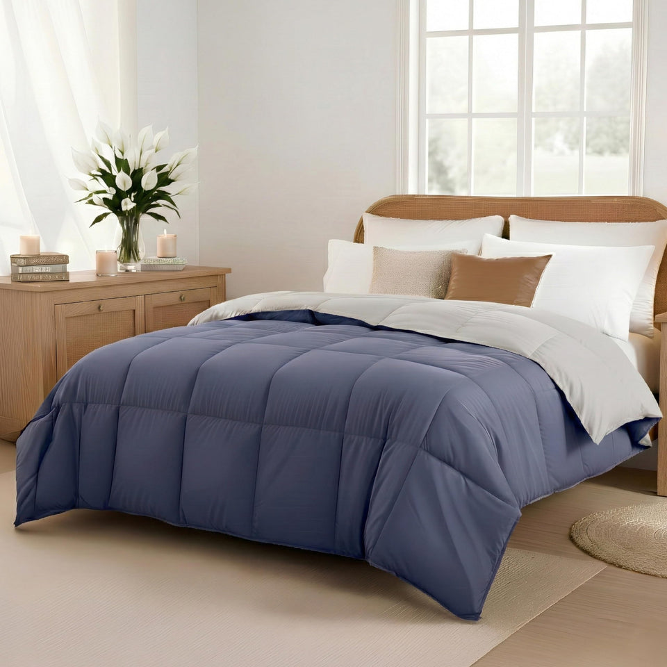 Modern Threads reversible comforter in deep blue and silver for year-round warmth.
