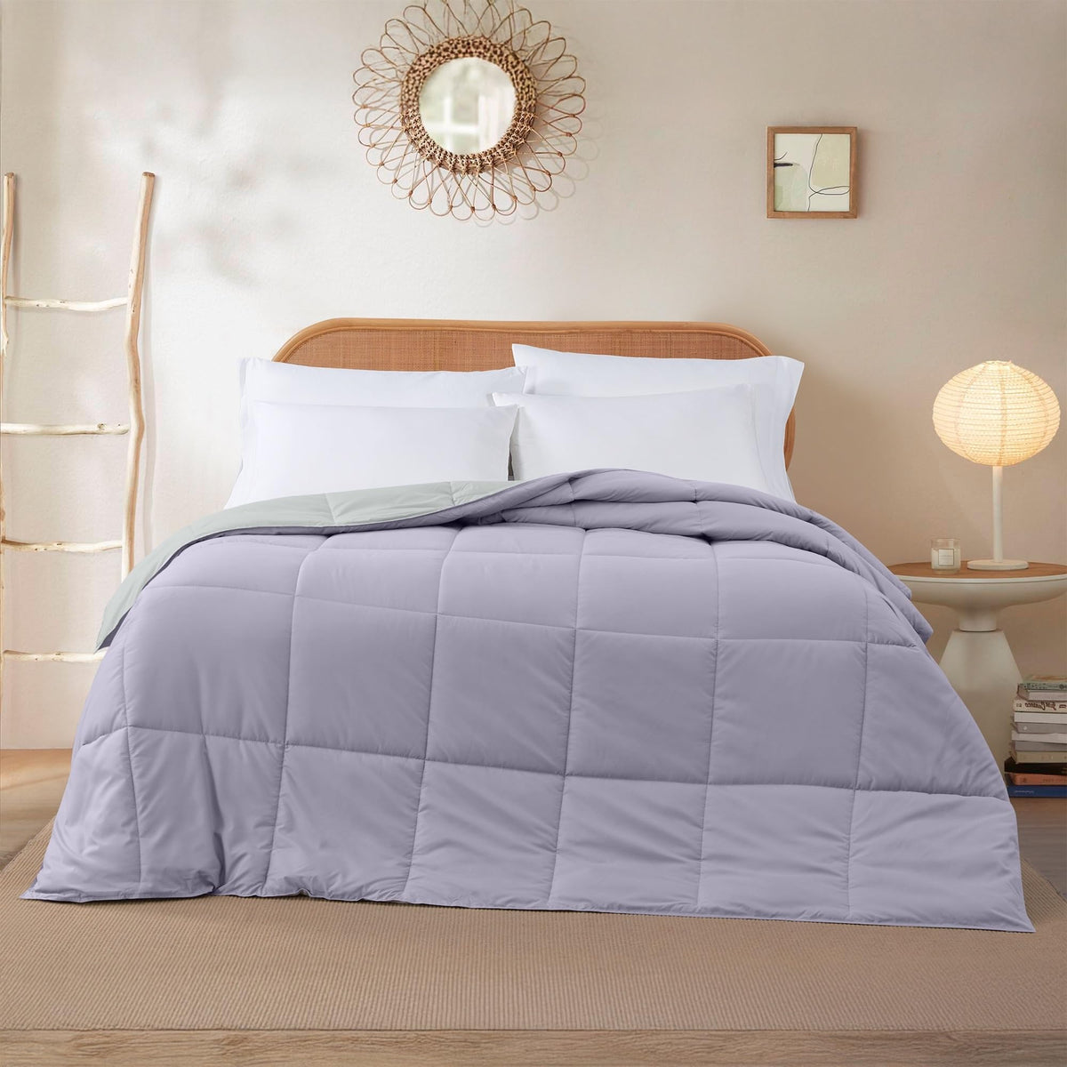 Modern Threads down-alternative fill visible on queen comforter for lightweight warmth.