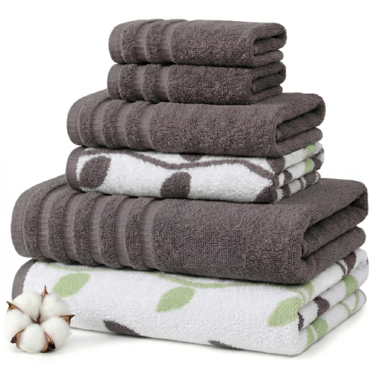 Modern Threads Natural Vine bath towels show plush absorbency and softness in gray hues