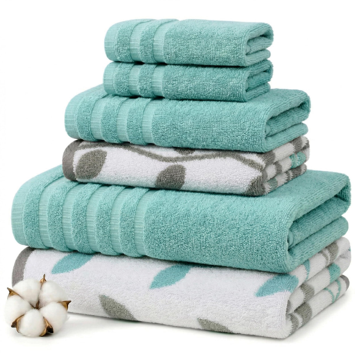 Modern Threads Natural Vine bath towels in aqua demonstrate plush softness and absorbency.