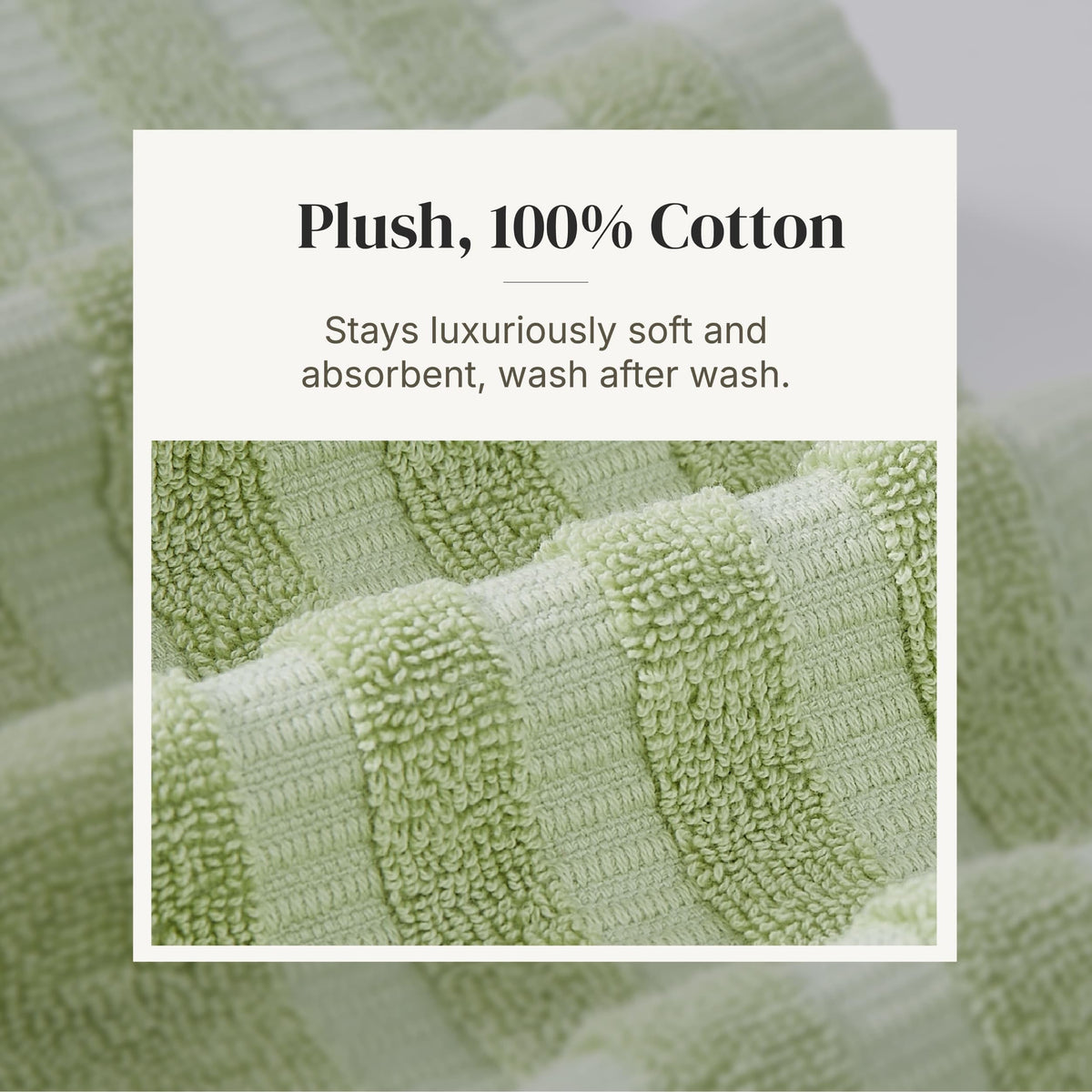 Close-up of jacquard vine pattern on Modern Threads towel in sage green.