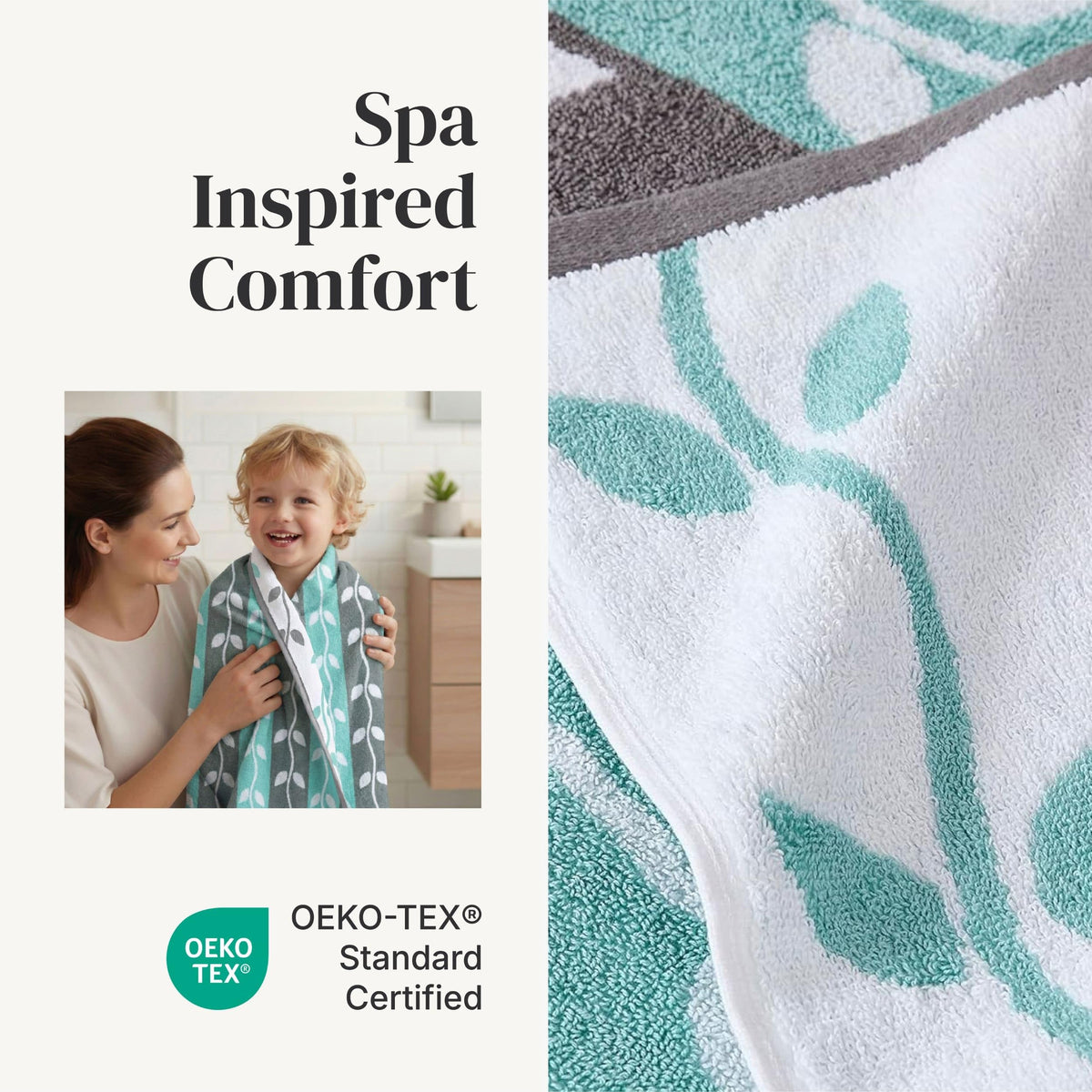 Close-up of Modern Threads Natural Vine jacquard pattern on aqua towel.