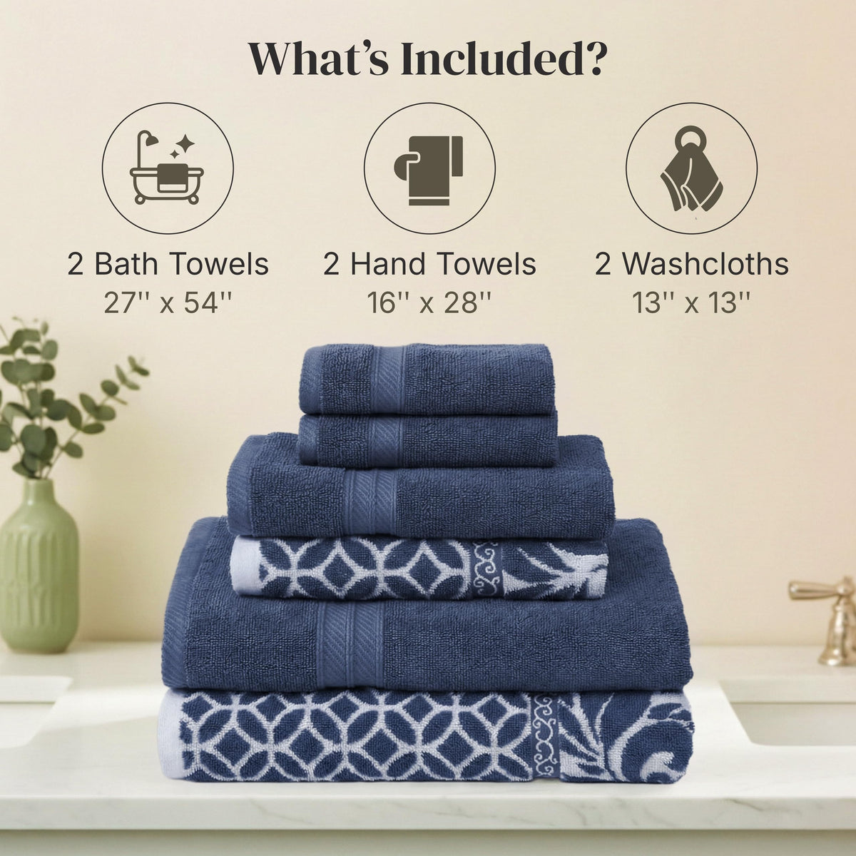 Modern Threads Navy hand towels highlight compact size and everyday absorbency for guests.