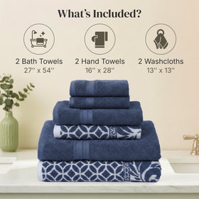 Modern Threads Navy hand towels highlight compact size and everyday absorbency for guests.