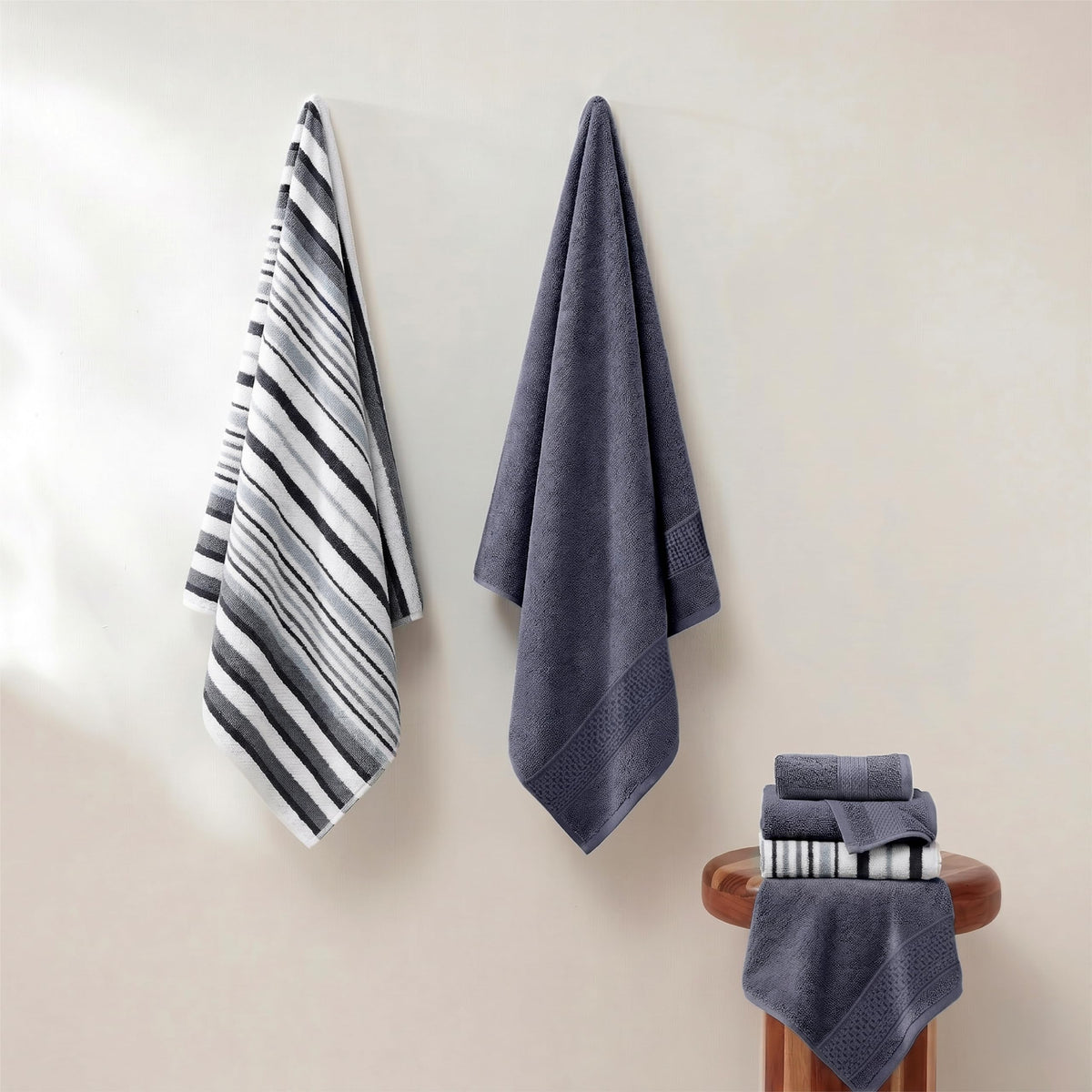 Modern Threads Pax jacquard denim bath towel with textured design and quick-dry feel.