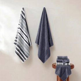 Modern Threads Pax jacquard denim bath towel with textured design and quick-dry feel.