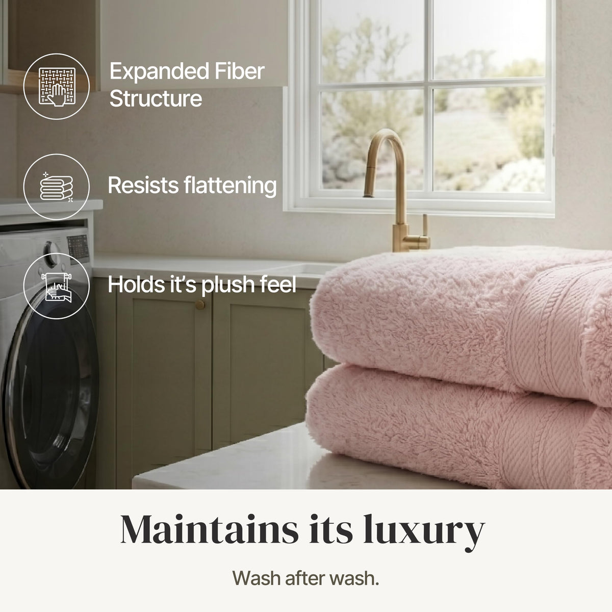 Modern Threads Spun Loft bathroom decor in blush complements modern interiors.